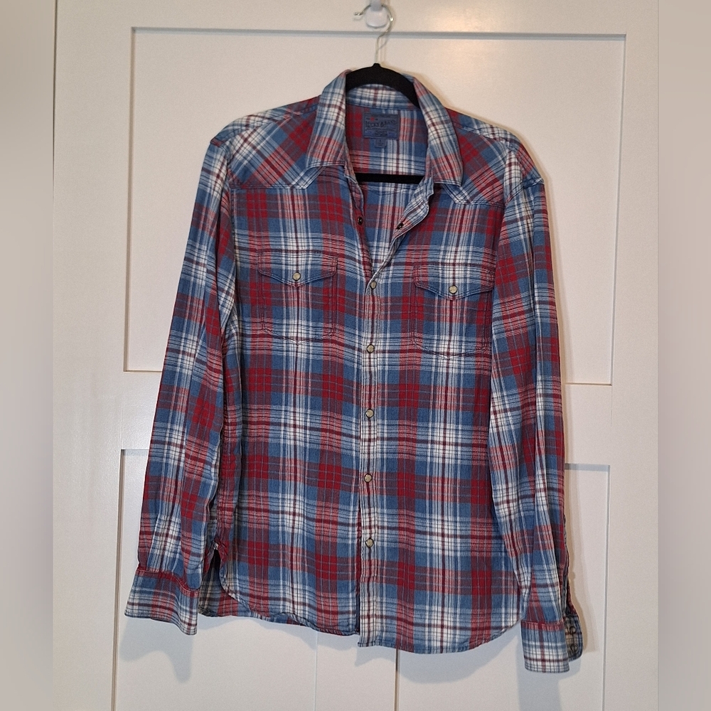 Lucky Brand Flannel Pearl Snap Down Up Shirt Lightweight Red Blue Size Large